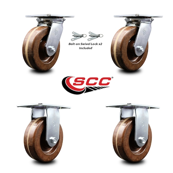 6 Inch High Temp Phenolic Caster Set with Roller Bearing 2 Swivel Lock 2 Rigid